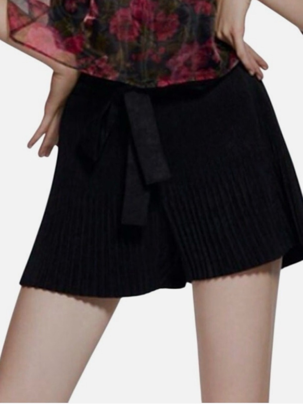 Zara Faux Suede Black Pleated High-Waist Tie Front Shorts
